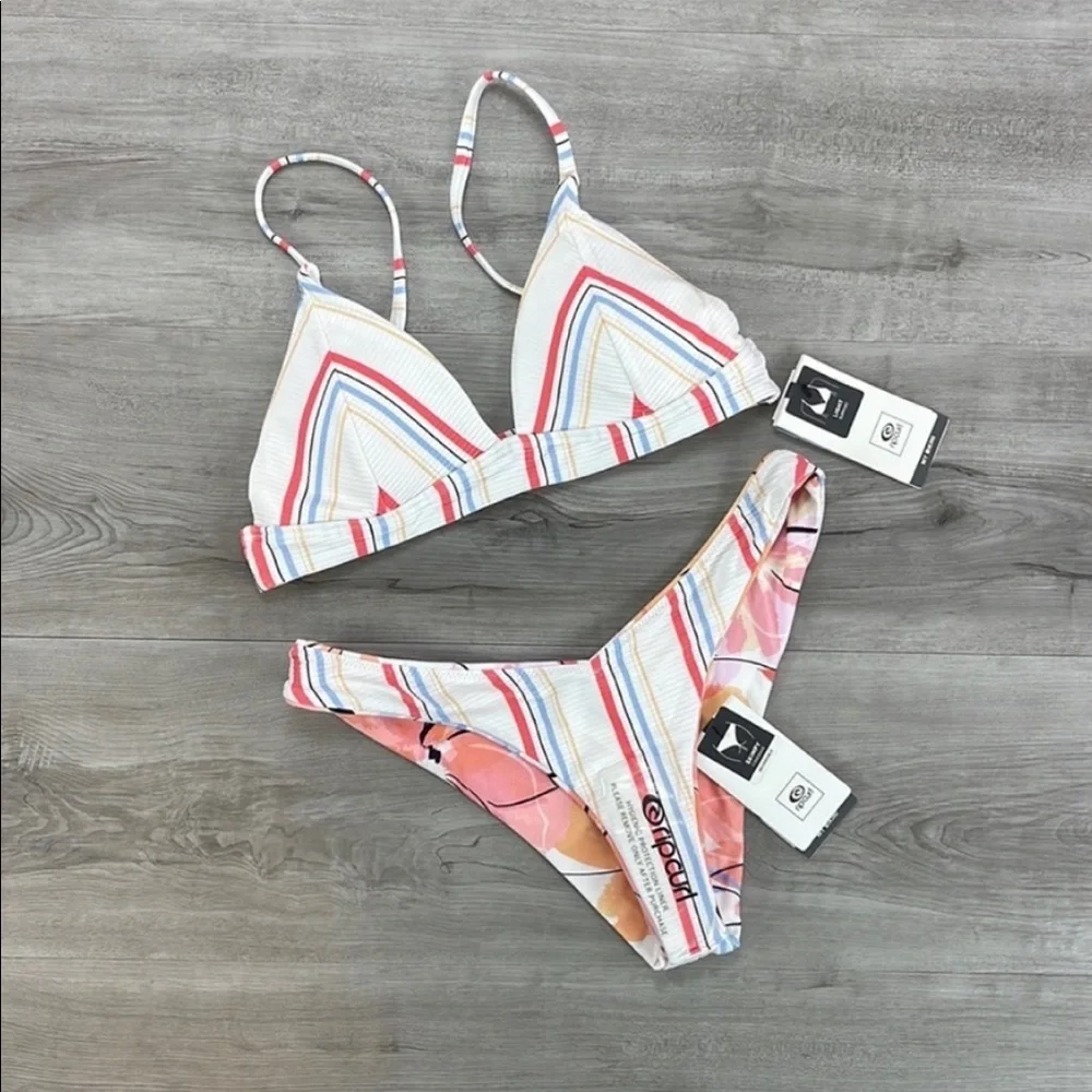 ☀️RIP CURL☀️ BLOSSOM STRIPE TRI TOP BLOSSOM HI LEG REVERSIBLE BIKINI SET - Picture 5 of 16